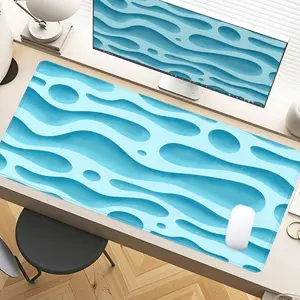 Ocean Wave Blue Abstract Watercolor Desk Pad Gaming Mousepad XXL Mouse Pad For Laptop Desk Mouse Pad Extra Large With Non-Slip Rubber Base Stitched Edges Surface For PC Gamers Office Workers & Home Use Holiday Gift Idea