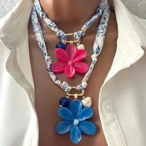 Bandana Flower Charm Necklace, Custom Carabiner Bandana Pendant Necklace, Boho Scarf Necklace, Vintage Charm Necklace, Fabric Pendant Necklace Gift