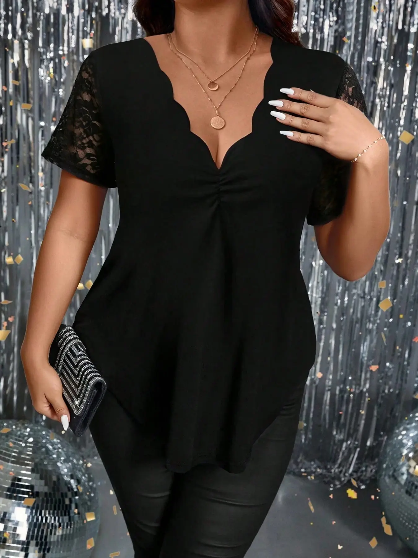 Women's Plus Size Lace Sleeve Blouse, Elegant V Neck Ruffle Design, Front Pleated Decoration, Flowy Long Shirt Top, Lightweight, Casual, Party, Date, Night Out Fashion Ruffle Cap Sleeve