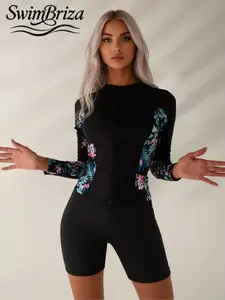 Briza｜Long Sleeve Front Zip One Piece Swimsuit And One Piece Bathing Suit In Black Floral Matte Stretch, Swim Shirt Bathing Suit Women And Swimsuit For Women For Vacation Swimwear For Women With Boyshort Rash Guard Confidence
