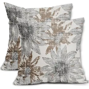 Sweetshow Brown Grey Gray Pillow Covers 20x20 Set of 2 Retro Sunflower Flowers Print Decorative Throw Pillows Outdoor Modern Art Floral Pillowcase Square Linen Cushion Case for Home Sofa Couch Bed