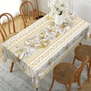 Floral Tablecloth, Elegant Floral Brick And Stone Golden Design, Perfect Spring And Summer Decor, Floral Gift, Ideal for Indoor Outdoor/ Party/ Wedding And Home Decor, Floral Decor, Golden Round/ Rectangular/ Oval Tablecloth
