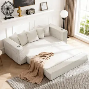 76" Convertible Sofa Bed, 2-in-1 Boneless Sleeper Sofa Couch with Cup Holder & Pocket, Corduroy Pull Out Couch with 5 Pillows, Couch Bed for Living Room, Small Spaces, Bedroom, No Assembly