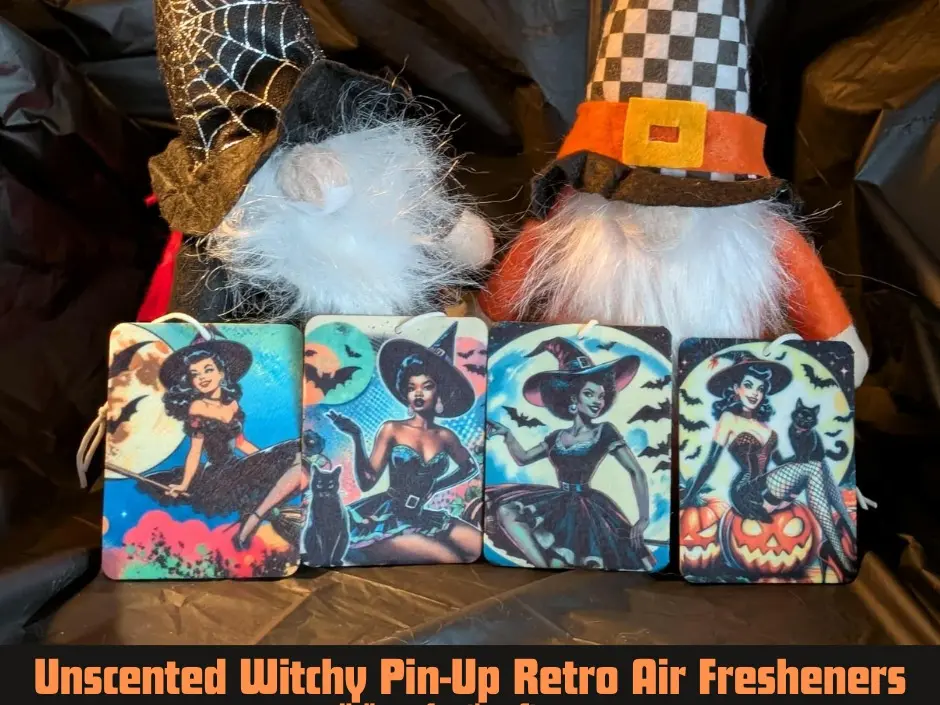 Witchy Pinup Retro Halloween Spooky Witch Car Freshie: Reusable Felt Air Freshener (UNSCENTED)