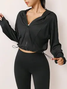 Women's Trendy Zipper Hooded Short Jacket, Adjustable Drawstring Hem Sportswear, Casual Fitted Plain Top for Outdoor Fitness