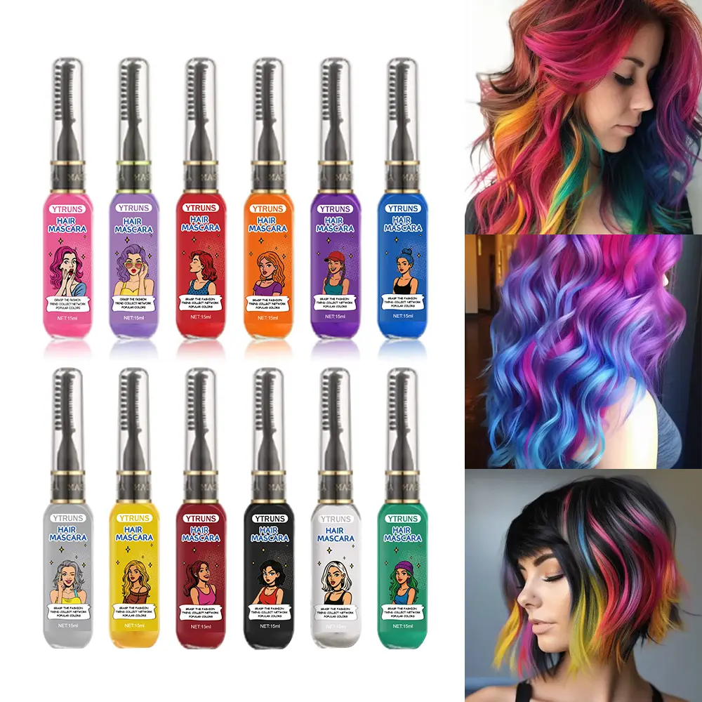 Ytruns Temporary Hair Color Mascara (13 Vibrant Shades) - Gel, Semi-Permanent & Temporary Dye Mascaras, 15ml Washable for Party & Festival, Easy Brush App, Non-Sticky Quick Dry Formula, Gel Dye Hair Mascaras, Semi-Permanent Color Hair Mascaras