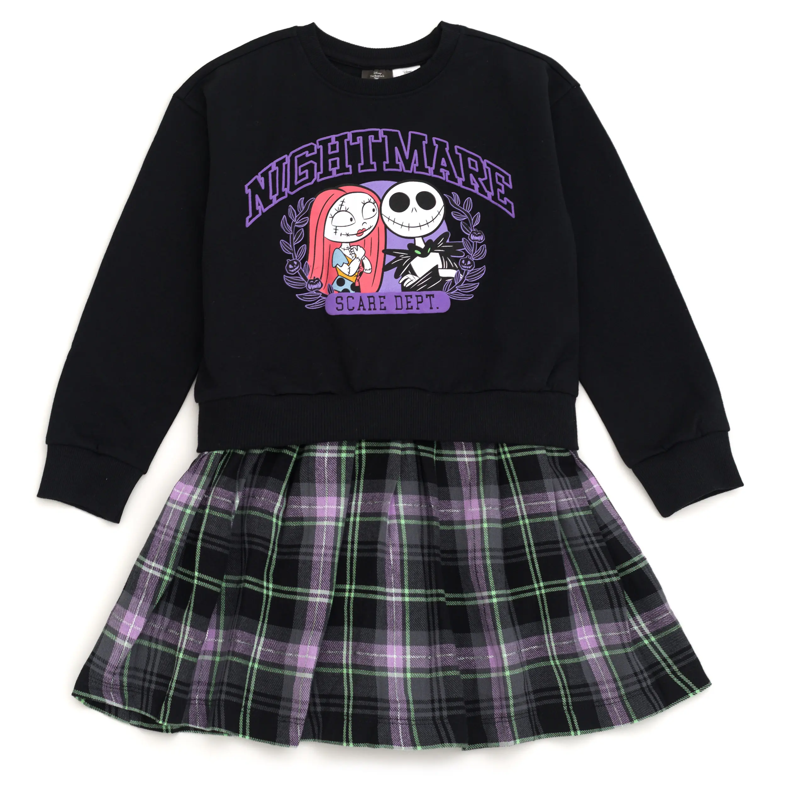 Disney Girls' Nightmare Before Christmas Graphic Sweatshirt Dress, Soft Fleece Long Sleeve Drop Shoulder 2-in-1 with Plaid Skirt, Pullover Dress, 2Fer Sweatshirt Dress