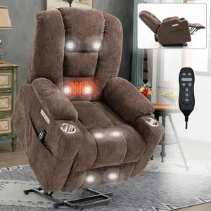 Power Up Lift Chairs Recliners for Elderly, Overstuffed Wide Recliners with USB &T ype C Ports & 2 Steel Cup Holders, Power Lift Recliner Chair with Massage and Heating for Living Room, Brown
