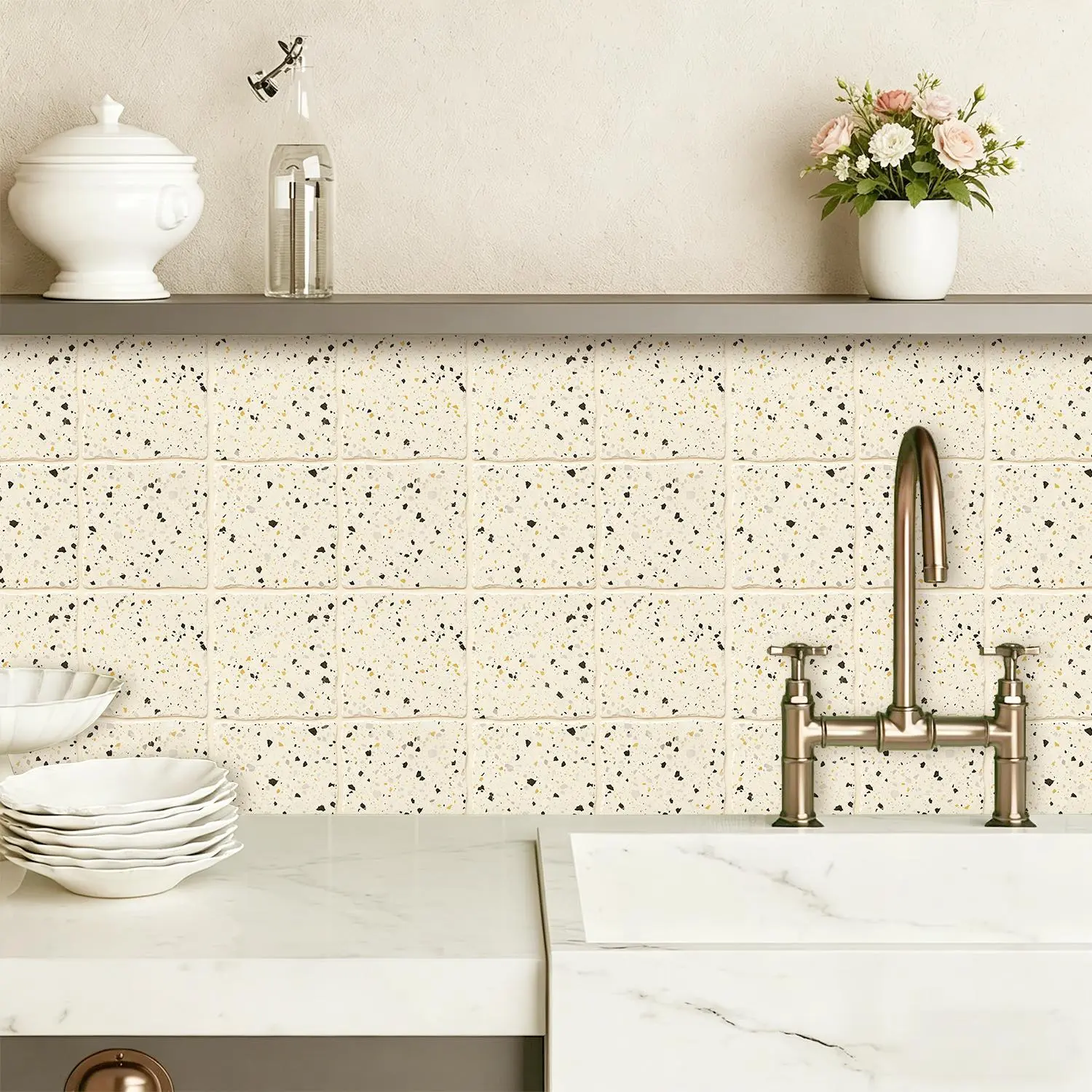 7.87in x 7.87in Minimalist PVC Square White Terrazzo Faux Ceramic Sticker Wall Panels, 10pcs Peel-and-Stick Self-Adhesive Removable Waterproof Home Decor Items for Kitchen Backsplash, Bathroom DIY Home Improvement