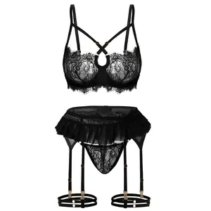 Parthenope Sexy Lingerie for Women 3 Piece Garter Lingerie Floral Lace Bra and Panty Lingerie Set with Underwire