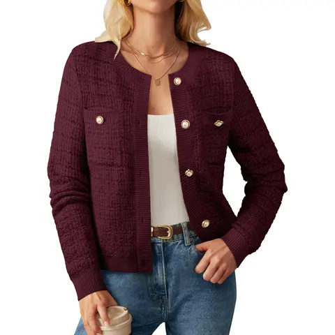 【GRACE KARIN】Women's Classical Thick Fabric Open-Front Button-Down Long-Sleeve Textured Knit Cardigan with Pockets, Crew Neck Tops for Work, Party, Textured Knit Pattern
