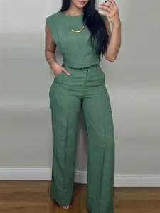 Women's Autumn Fashion Set, Round Neck Sleeveless Top & Wide Leg Pants Two-Piece, Casual Elegant Style for Daily Wear