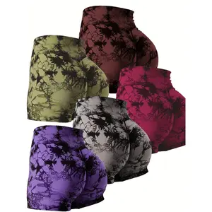 5-Pack Tie-Dye Fitness Shorts for Women, High Waist Scrunch Butt Gym Yoga Peach Shorts, Sport Style