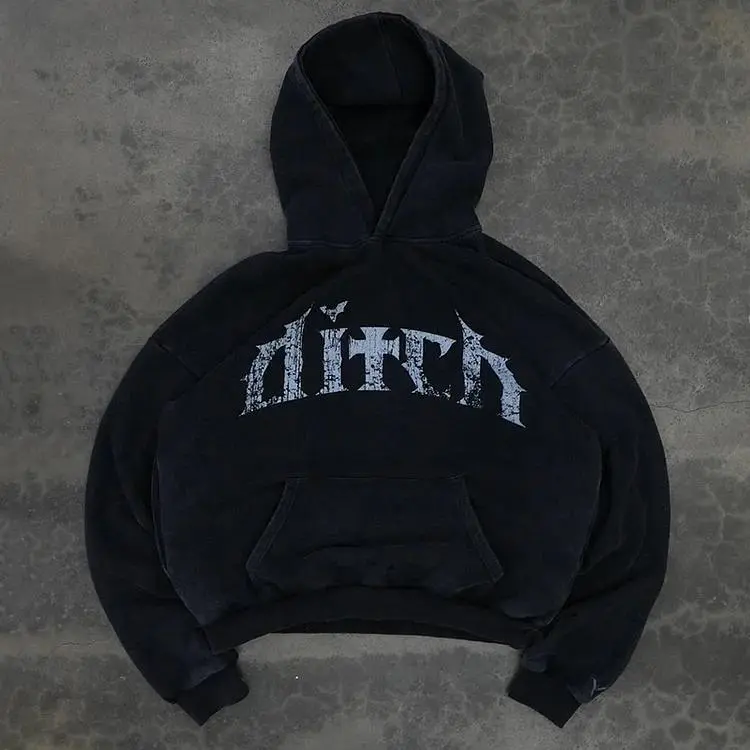 Vingate Ditch Graphic Acid Washed  Hoodie Unisex Hoodie, Sweatshirt Tops for Spring & Fall, Drippy Outfits, Casual Men's Clothes for Daily Wear, Going Out Outfit, Comfort Menswear, 2024 Cozy Winter Outfits 2025