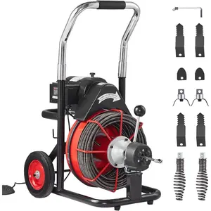 VEVOR Drain Cleaner Machine 100FTx 3/8 Inch, Auto Feed Sewer Snake Auger on Wheels, 370W Portable Drain Cleaning Machine with 8 Cutters Air - activated Foot Switch for 2 to 4 Pipes