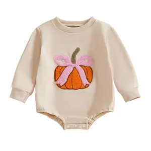 Newborn Baby Boy Girl Halloween Outfit Pumpkin Embroidery Long Sleeve Sweatshirt Romper Jumpsuit Fall
