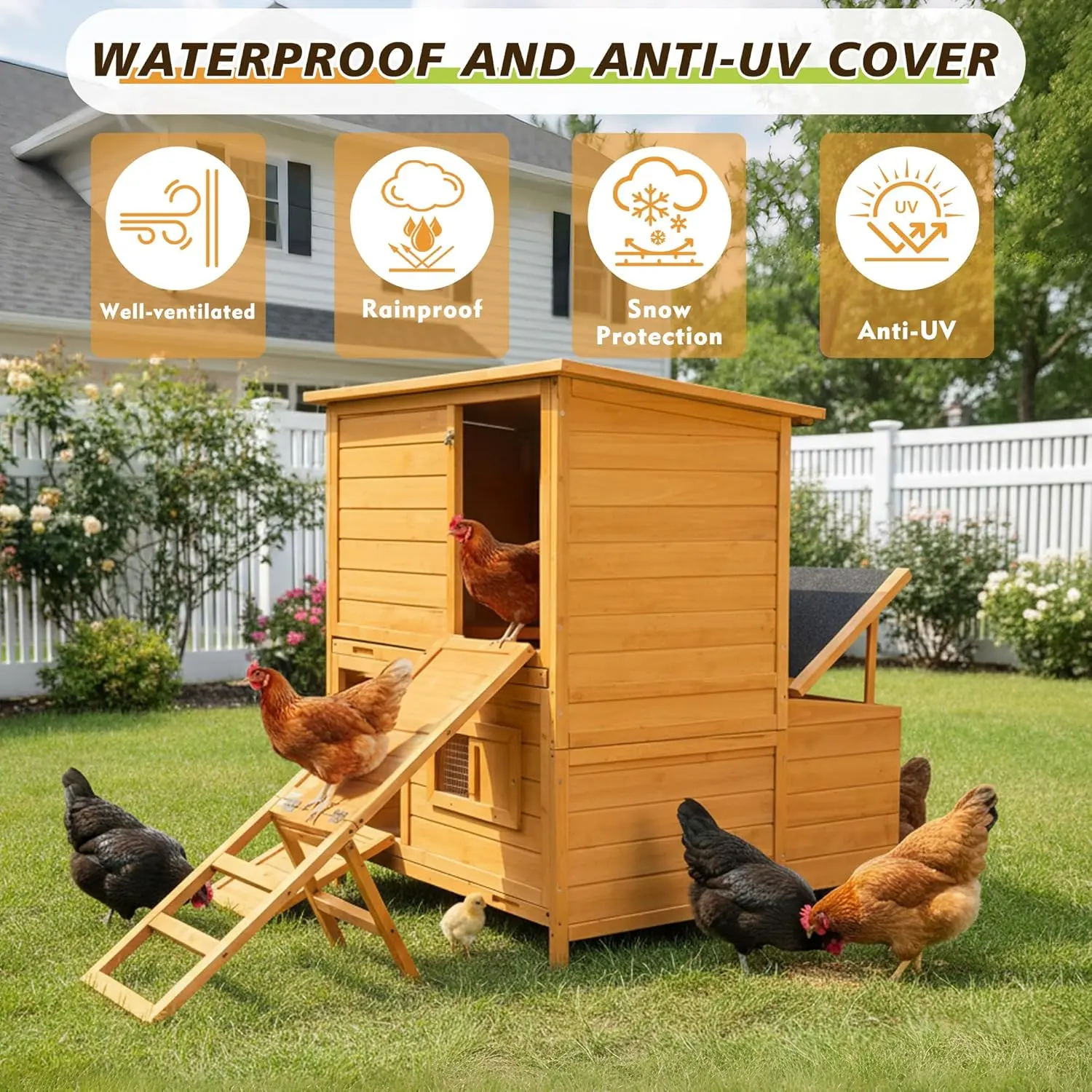 2-Story Chicken Coop for 6-8 Chickens, Sturdy and Easy to Assemble | Spacious 3 Nesting Boxes, Easy-To-Clean Pull-Out 2 Trays, Featuring A Foldable Ramp, And Asphalt Roof