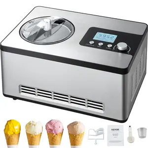 VEVOR Automatic Ice Cream Maker with Built-in Compressor,  2 Quart No Pre-freezing Fruit Yogurt Machine, Stainless Steel Electric Sorbet Maker, 3 Modes Gelato Maker with LCD Display & Timer, Silver