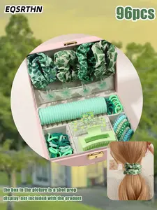 EQSRTHN 96pcs Fresh Green Hair Accessories Set Containing Four-leaf Clover Printed Large Intestine Hair Ring Flower Hairpin Multi-color Hair Rope Vigor Wind Adaptation Daily/Commuter Hair Breathing Artifact Multi-piece One-stop Matching Practical and Beau