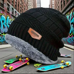 Stay Cozy & Chic Black Cable Knit Beanie with Soft Fleece Windproof Trendy Look Ideal for Skiing Daily Wear Adjustable Hat Ultimate Winter Essential