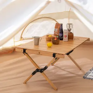 K KELBEL Folding Solid Wood Camping Table —— Indoor/Outdoor All-Purpose Portable Wooden Roll-Up Table for Picnics, Camping, Beach, Tailgating, Patio, Kitchen, Living Room,includes storage bag，Available in 35.4-inch or 47.2-inch sizes,Walnut &Natural