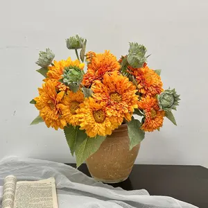 Teddy sunflower artificial flower for living room entrance decoration, faux flower ornament, vintage hand-held bouquet