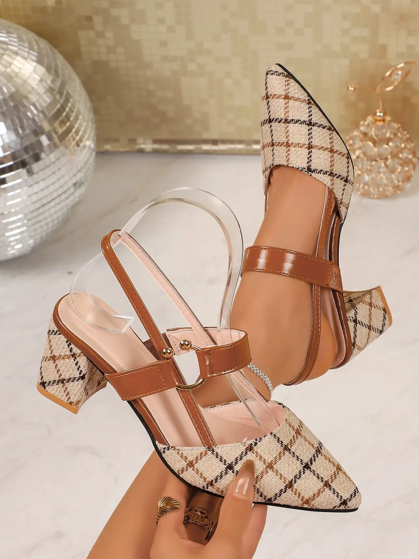 Women's Fashion Plaid High Heel Sandals, Elegant Pointed Toe Daily Wear, Comfortable Rubber Sole, PU Leather Upper, Casual Style