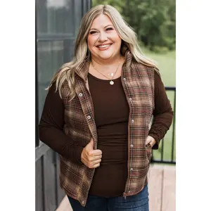 For You Always Plaid Puffer Vest- Brown & Khaki