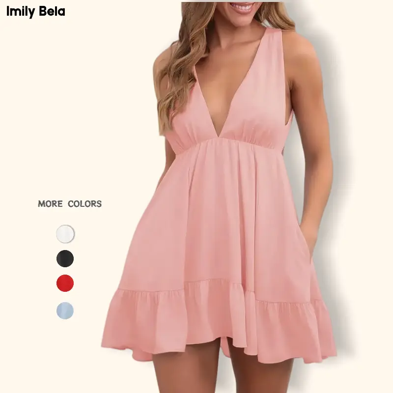 Imily Bela Womens Summer Mini Dress Loose Ruffle Deep V-Neck Backless Strap Solid Casual Short Dresses with Pockets