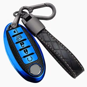 Key Fob Cover for Nissan with Keychain Accessories, Premium Soft TPU Full Protection Key Case for Altima Rogue Sentra Maxima Armada Pathfinder Murano, for Infiniti 5-Buttons Smart Key Shells (Blue)