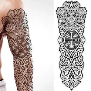 temporary tattoo full arm stick on body art viking icelandic medieval celtic transfer for women and men cosplay halloween adult aegishjalmur temp tattoo tree of life wolfs fancy dress