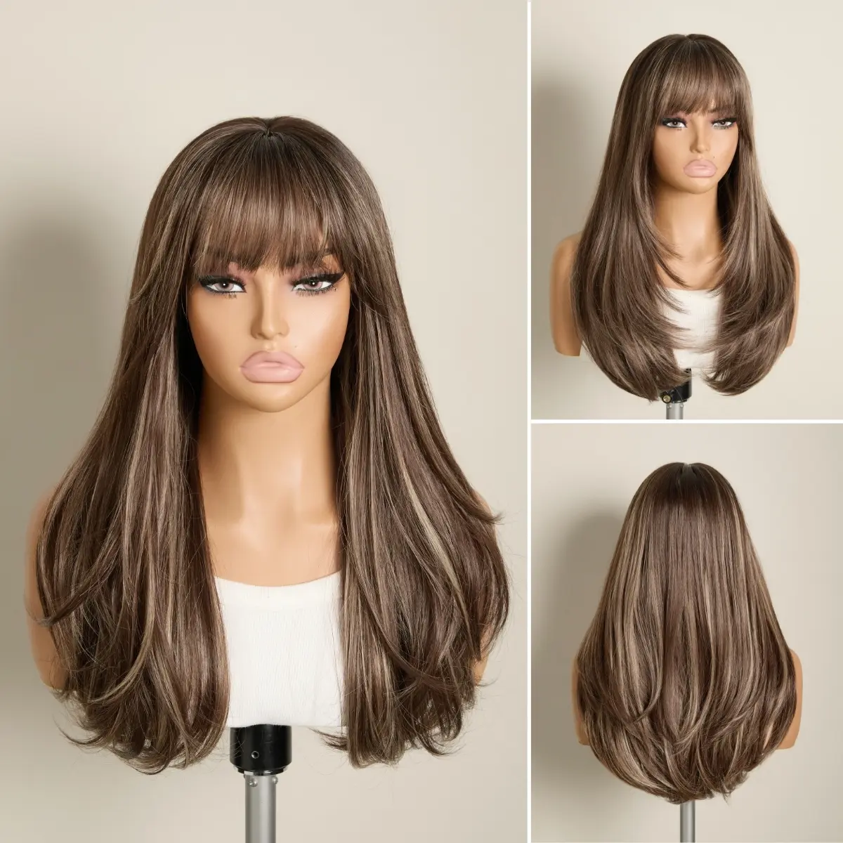 Long Straight Layered Human Hair Wig with Bangs Lightweight Breathable Cap Ash Brown Long Layered Wig with Bangs,Straight Hair Wigs for  main image 2