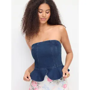 Cider Stretch Denim Strapless Peplum Hem Bandeau Top SwimWeek SummerWins