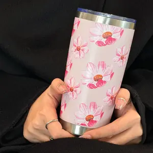 20oz Tumbler with Lid and Straw, Flower Coffee Mug Double Wall Vacuum Insulated Travel Mug Floral Cup Stainless Steel Water Bottle Reusable Tumblers with Car Coaster for Ice Drinks, Hot Beverage, Pink, Drinkware, Flasks