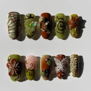 Nature Garden Press On Nails 3D Butterfly Ladybug Flowers And Swirl Leaf Charms