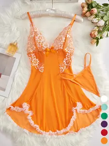 Women's Contrast Lace Bow Decor Cami Nightdress with Thong, Romantic Spaghetti Strap Backless Nightgown, Ladies Breathable Sleepwear for All Seasons, National Day Offers