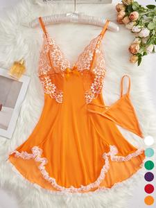 women's contrast lace bow decor cami nightdress with thong, romantic spaghetti strap backless nightgown, ladies sleepwear for all seasons, national day offers