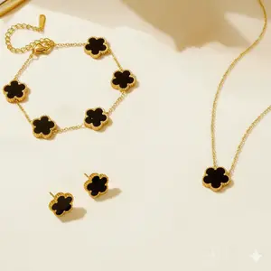 18K Gold Plated Clover Bracelet Set Women's Double-Sided Lucky Necklace Fashion Bracelet Set Women's Men's Jewelry Gift unisex cross