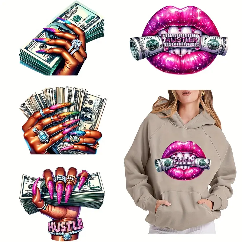 6-Piece DTF Transfer Stickers Set, Luxury Us Dollar Lip & Jewelry Design, Washable Plastic Heat Press Decals for DIY Clothing Accessories, DIY Crafts Supplies