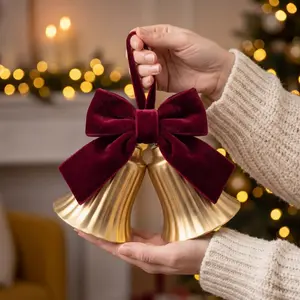 1pc Home Christmas Bell Ornament, Dual Bells, Velvet Bow, Clear Ringing, Fireplace Door Handle Decor, Extended Hanging Rope
