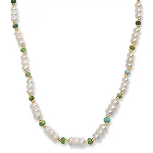 White Fresh Water Pearl and Sonoran Gold Turquoise 17 ctw Necklace in 18K Vermeil Yellow Gold Over Sterling Silver 18 Inches Christmas Gifts