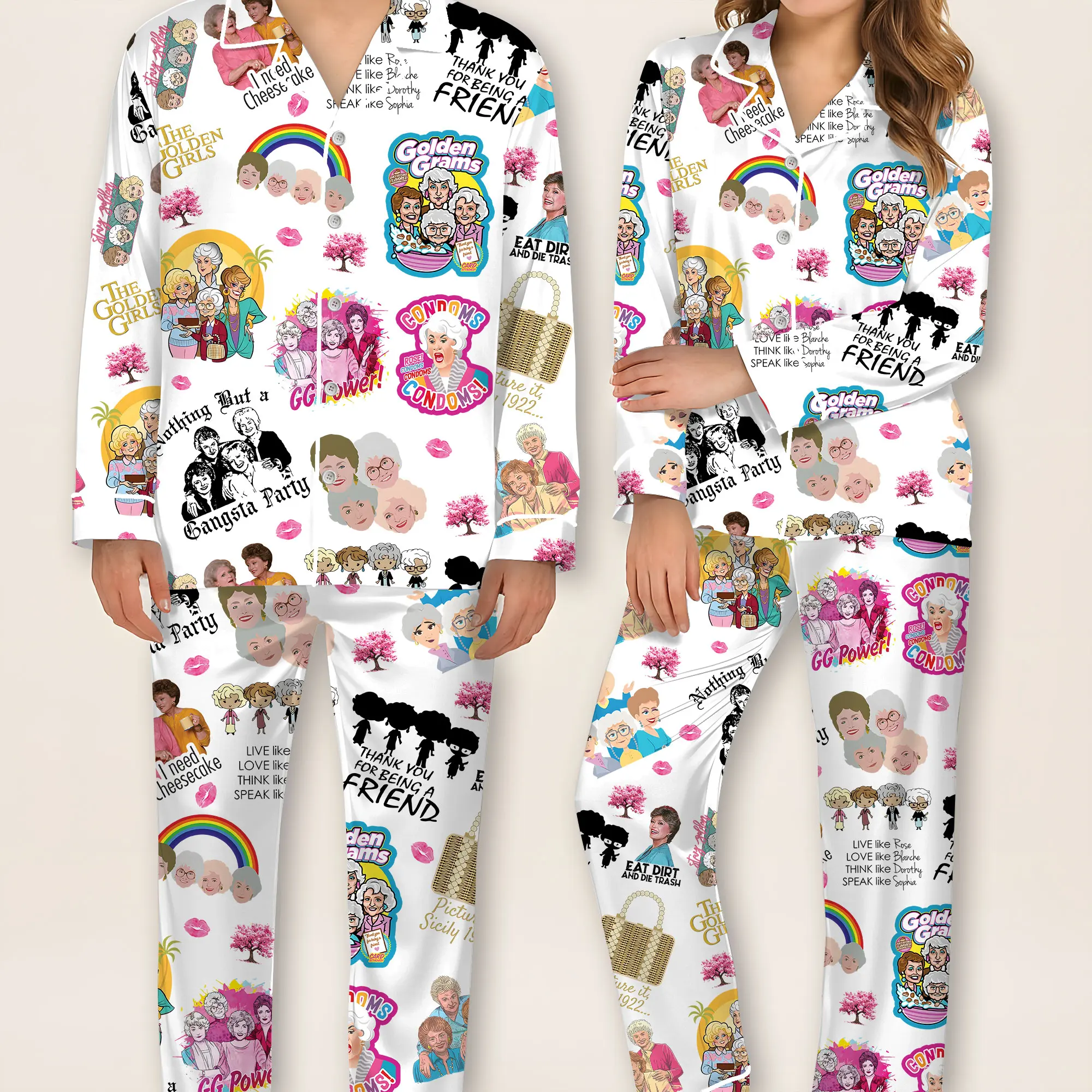 Golden Girls Pajamas Set for Women, Comfy Retro Satin 2-Piece Matching Loungewear, Funny 80s TV Show Print with Pockets, Friendship Gift, Casual Comfy Pyjama, Stay Golden Sleepwear