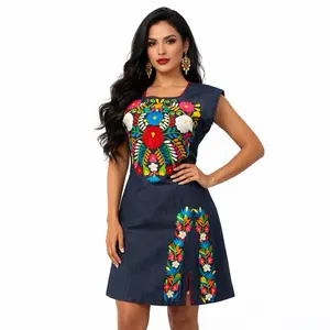 Denim Women's Summer Dress - Embroidered Floral Mexican Dress with Adjustable Straps Casual Traditional Vibrant Floral Design Vestido de Mezclilla Elegance & Comfort - Embroidery