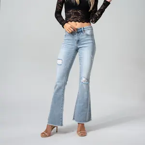 Women's High Waisted Ripped Flare Jeans - Light Wash Distressed Bootcut Denim - Y2K Frayed Hem Bell Bottoms, Stretchy Slim Fit Trouser