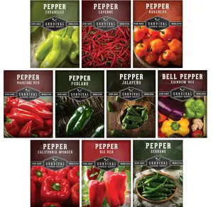 10 Pepper Seed Packs for Planting | Jalapeño, Serrano, Cayenne, Bell, Habanero, Poblano & More – Hot & Sweet Heirloom Non-GMO Peppers Collection – Survival Garden Seeds
