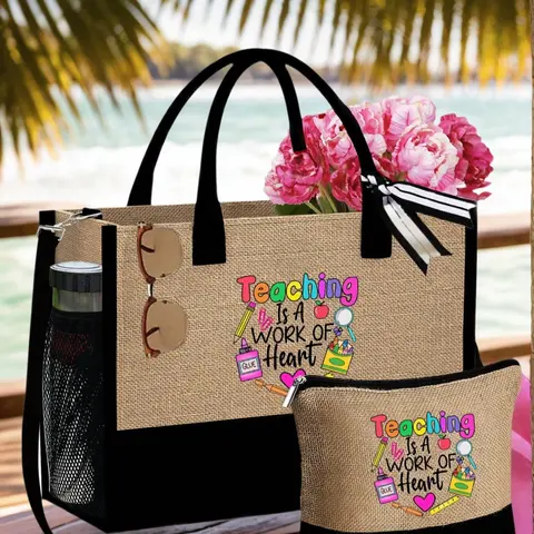 Teacher Appreciation Gift Set, Creative Design Bag, Large Capacity Fashion Handbag, Linen Coin Wallet, Fashionable Casual Bag, Printed With "Teaching Is A Work Of Heart" Print, Rich Colors, Wear-Resistant Handbag, Casual Trendy Purse