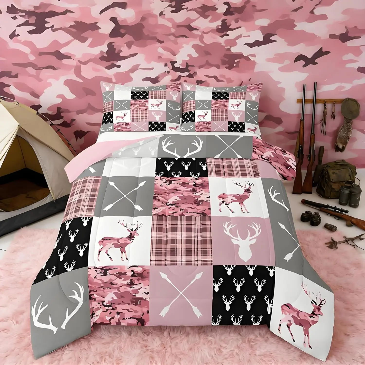 Hunting Camo Kids Comforter Set Pink Camouflage Deer Bedding Set Rustic Western Duvet Quilt for Kids Boys Girls Bedroom Wildlife Animal Decor Ultra Soft Breathable