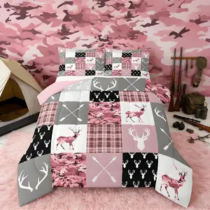 Hunting Camo Kids Comforter Set Pink Camouflage Deer Bedding Set Rustic Western Duvet Quilt for Kids Boys Girls Bedroom Wildlife Animal Decor Ultra Soft Breathable