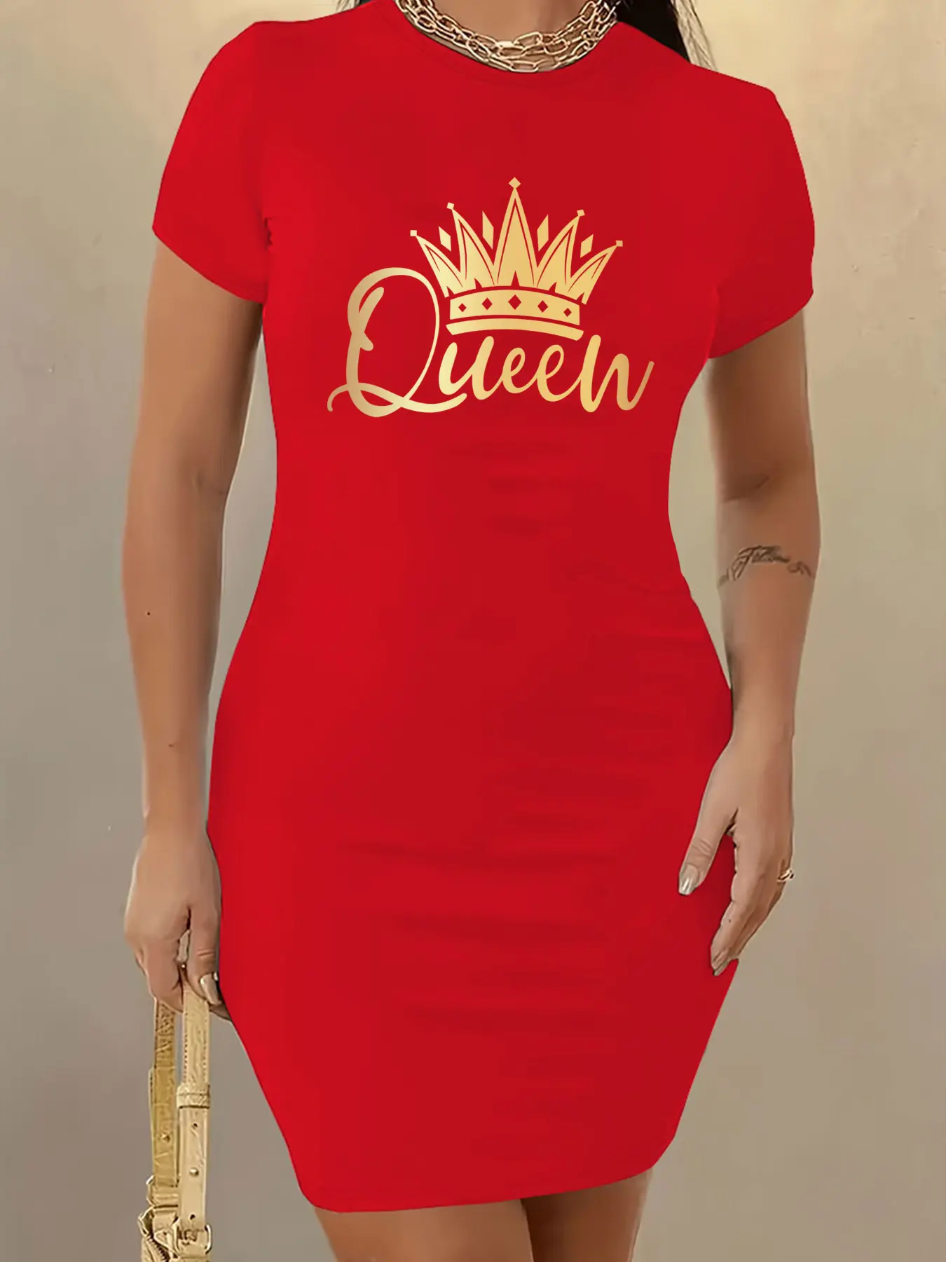 Crown Letter Cartoon Print Casual Round Neck Short Sleeve Bodycon Smooth Dress, Fitted Summer, Women's Fashion Clothing