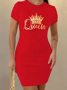 Crown Letter Cartoon Print Casual Round Neck Short Sleeve Bodycon Smooth Dress, Fitted Summer, Women's Fashion Clothing